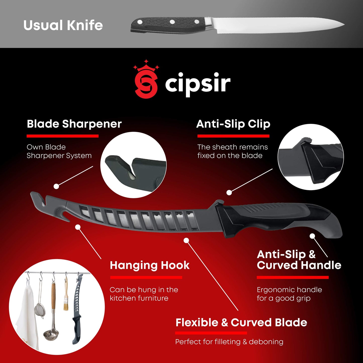 Cipsir Fillet Knife For Fish and Meat - Curved Salty Water-Resistant Made of German Steel 7 inch Blade with Sheath, Sharpener and Gift Box, Ideal for Filleting and Deboning Indoor or Outdoor