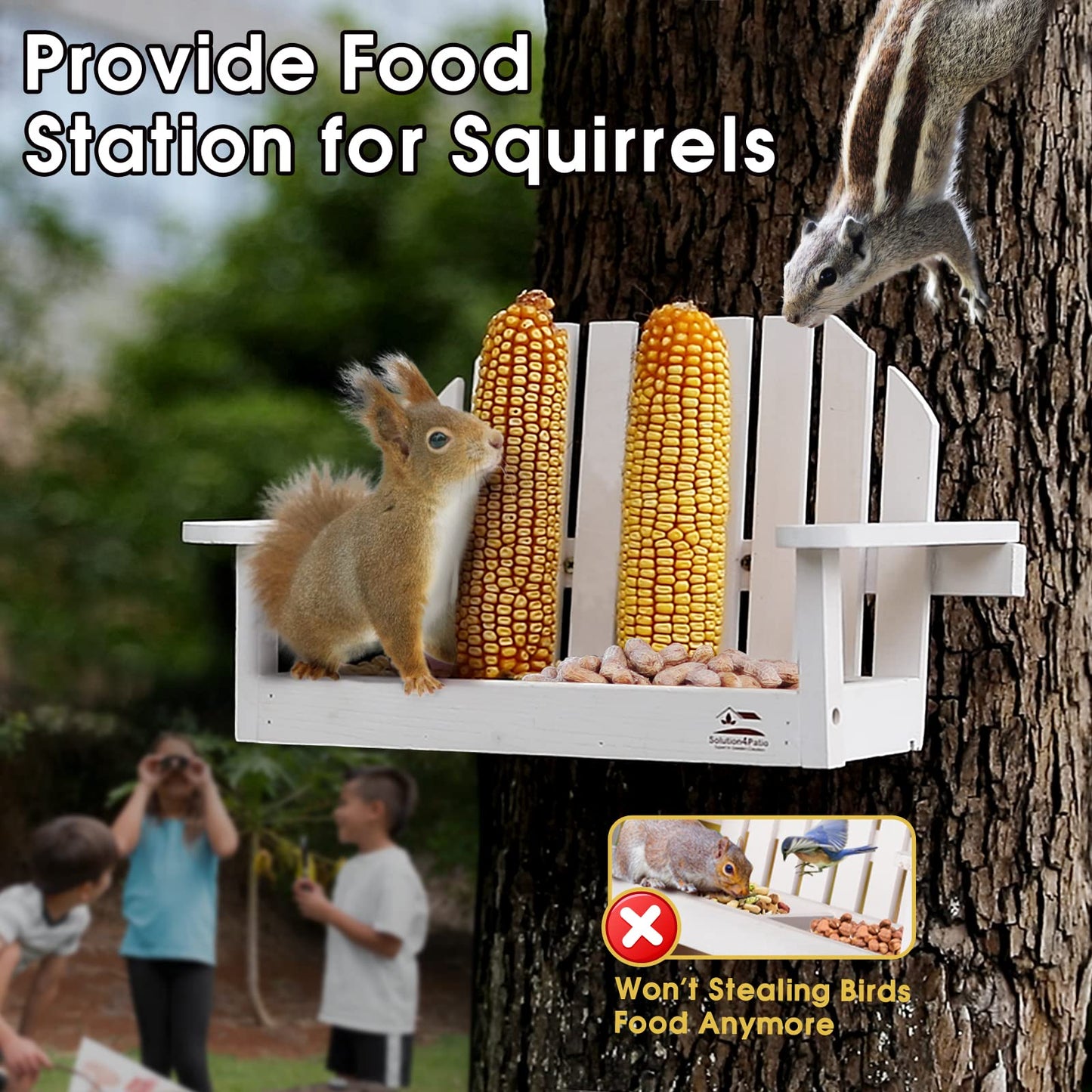 Solution4Patio White Bench Chair Chipmunk & Squirrel Feeder, Mesh Bottom, 2 Corn Cob Holders, Peanut or Acorn Loader, Solid Pine Wood, 13 in. L x 5.1 in. W x 8.3 in. H, Funny Gift & Deco, #B103A02