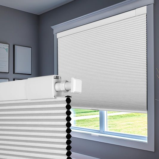 Boolegon No Drill Blinds for Windows Blackout Cellular Shades Cordless No Tools Honeycomb Pull Down Blinds Easy Install No Screws Cellular Blinds for Door, Home, White