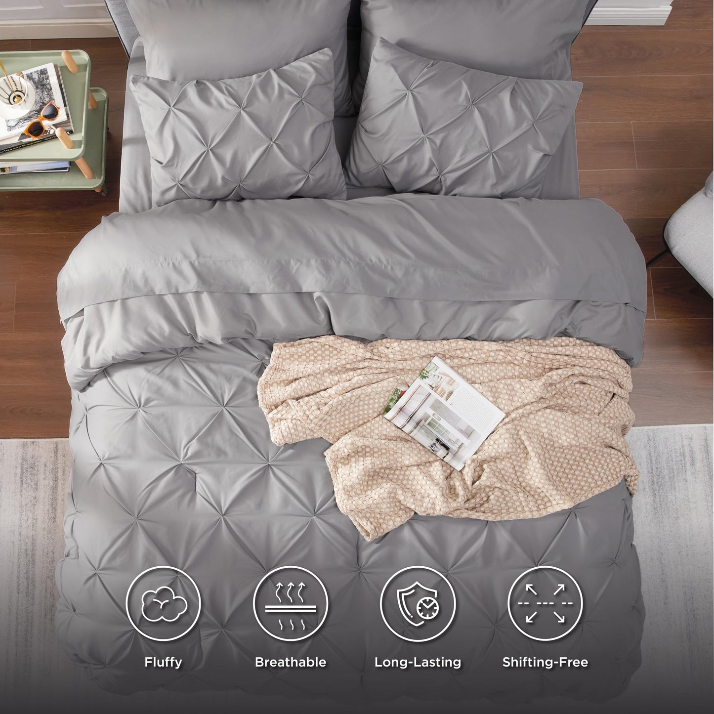 Bedsure California King Comforter Set - Cal King Bed Set 7 Pieces, Pinch Pleat Grey Cali King Bedding Set with Pintuck Comforter, Sheets, Pillowcases & Shams