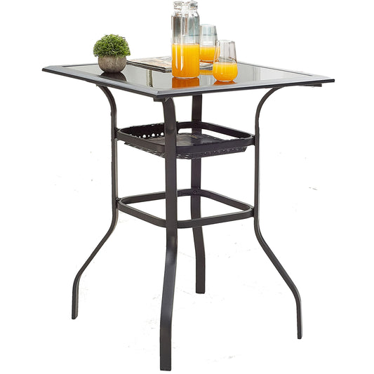 LOKATSE HOME Patio Bar Height Outdoor Table Bistro Square Outside High Top with 2-Tier Metal Frame (27.6"x 27.6"x 36.2"H), Black