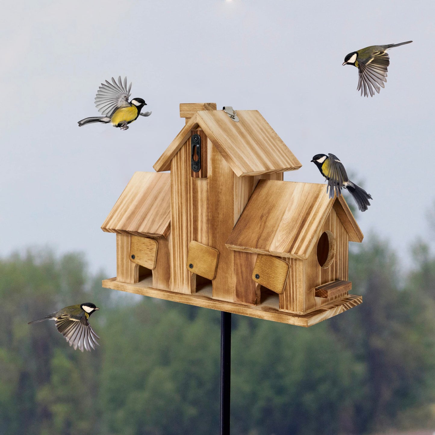 MIXUMON Bird Houses for Outside, Outdoor 3 Hole Bird House Room for 3 Bird Families Bluebird Finch Cardinals Hanging Birdhouse for Garden (Style 1)