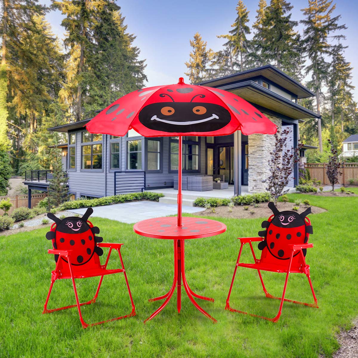 Costzon Kids Table and 2 Chair Set, Ladybug Folding Picnic Table Set with Removable Umbrella for Indoor Outdoor Garden Patio, Gift for Children Boys & Girls