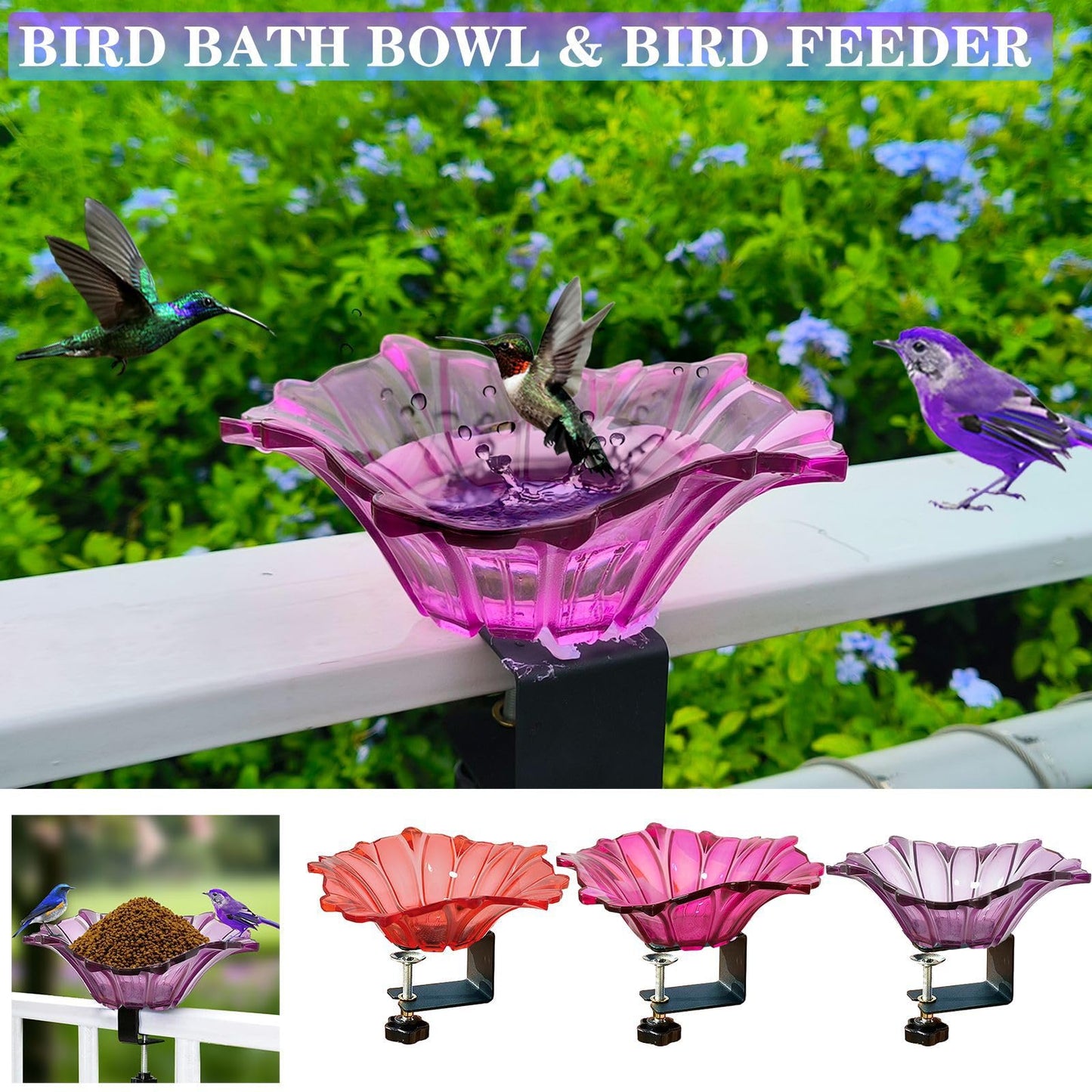 Metal Deck Mounted Bowl Bird Bath for Railing Patio Large Balcony Clearance Modern Bird Water with Stake Clam for Outdoors Garden (Red)