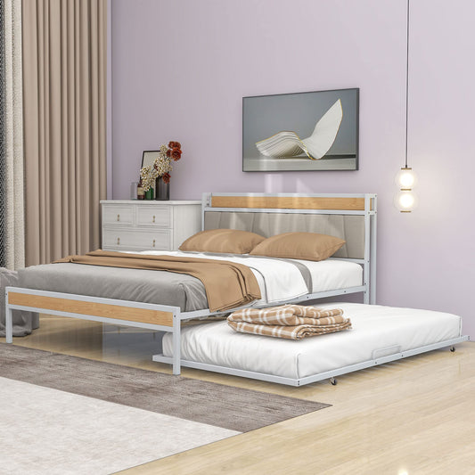 Queen Bed Frame with Trundle and Outlet & USB Ports Metal Platform Bed with Upholstered headboard, Queen Size Metal Panel Bed with Shelf, Noise-Free, No Box Spring Needed, White with Beige