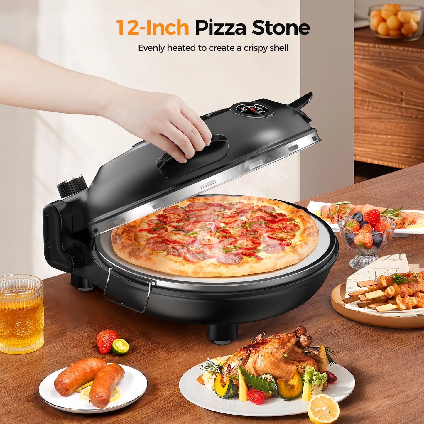 Amzmoon Upgrade Pizza Oven, Portable Electric Pizza Oven Indoor, 1200W Countertop Pizza Maker Heats up to 800˚F for Home, Pizza Oven for 12 Inch Pizza Stone, with Viewing Window