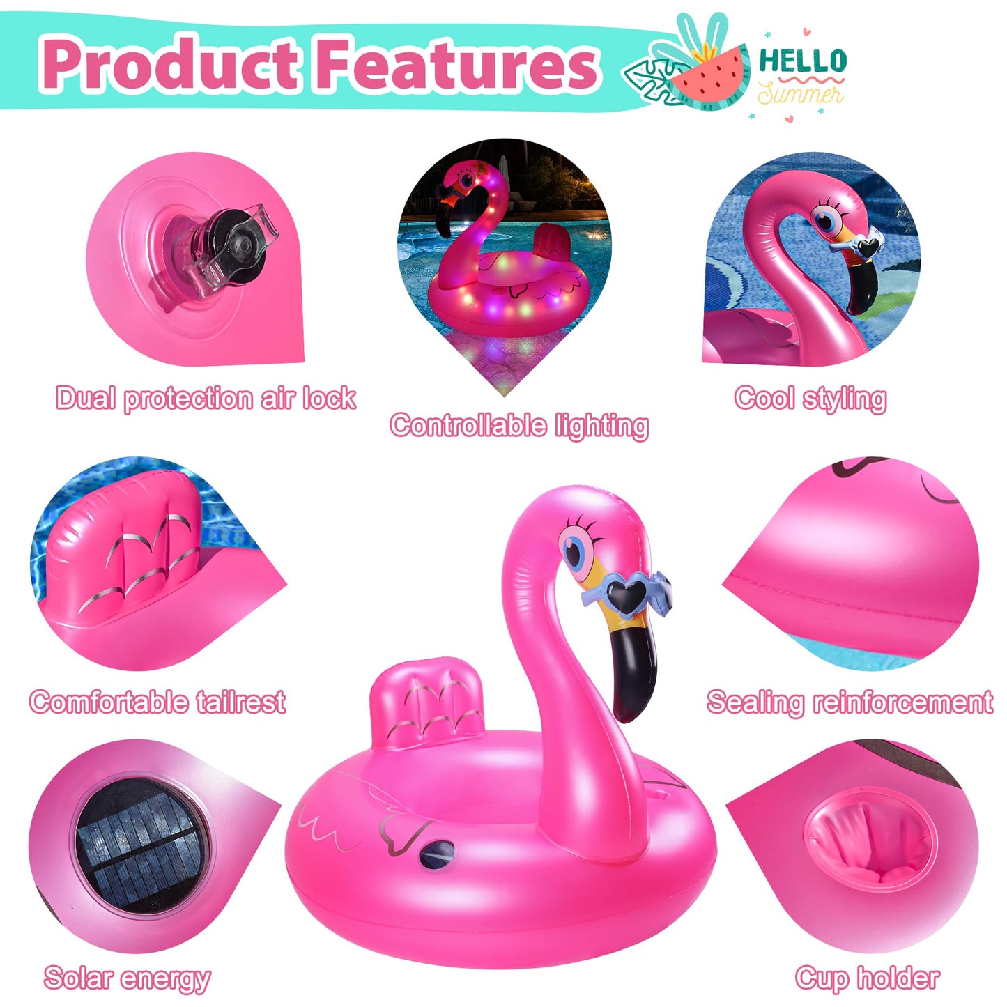 FloVogue Inflatable Flamingo Pool Float with Lights, 43'' Solar Powered Flamingo Swimming Pool Tubes, Floaties Swimming Pool Rings for Pool, Lake, Beach Parties, Leisure Vacation & Water Entertainment