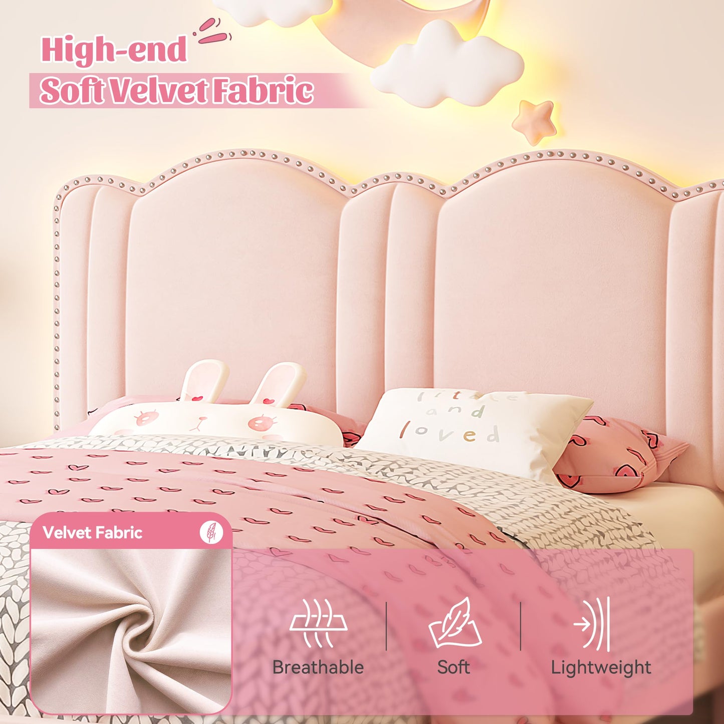 EnHomee Full LED Bed Frame with Storage Drawers,Upholstered Bed Frame with Adjustable Headboard, Princess Platform Bed Frame,Strong Solid Wooden Slats, No Box Spring Required, Easy Assembly, Pink