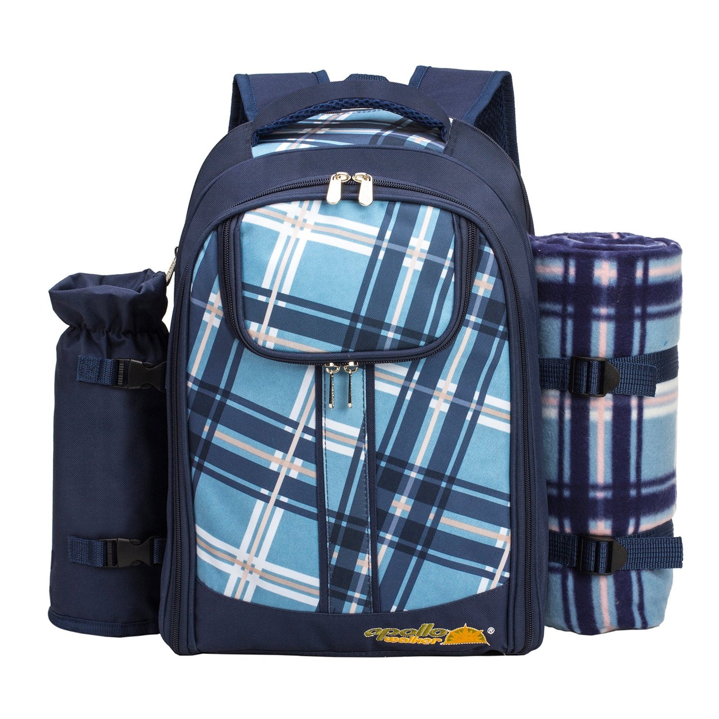 Apollo Walker Picnic Backpack Bag for 2 Person with Cooler Compartment, Detachable Bottle/Wine Holder, Fleece Blanket, Plates and Cutlery (Blue)