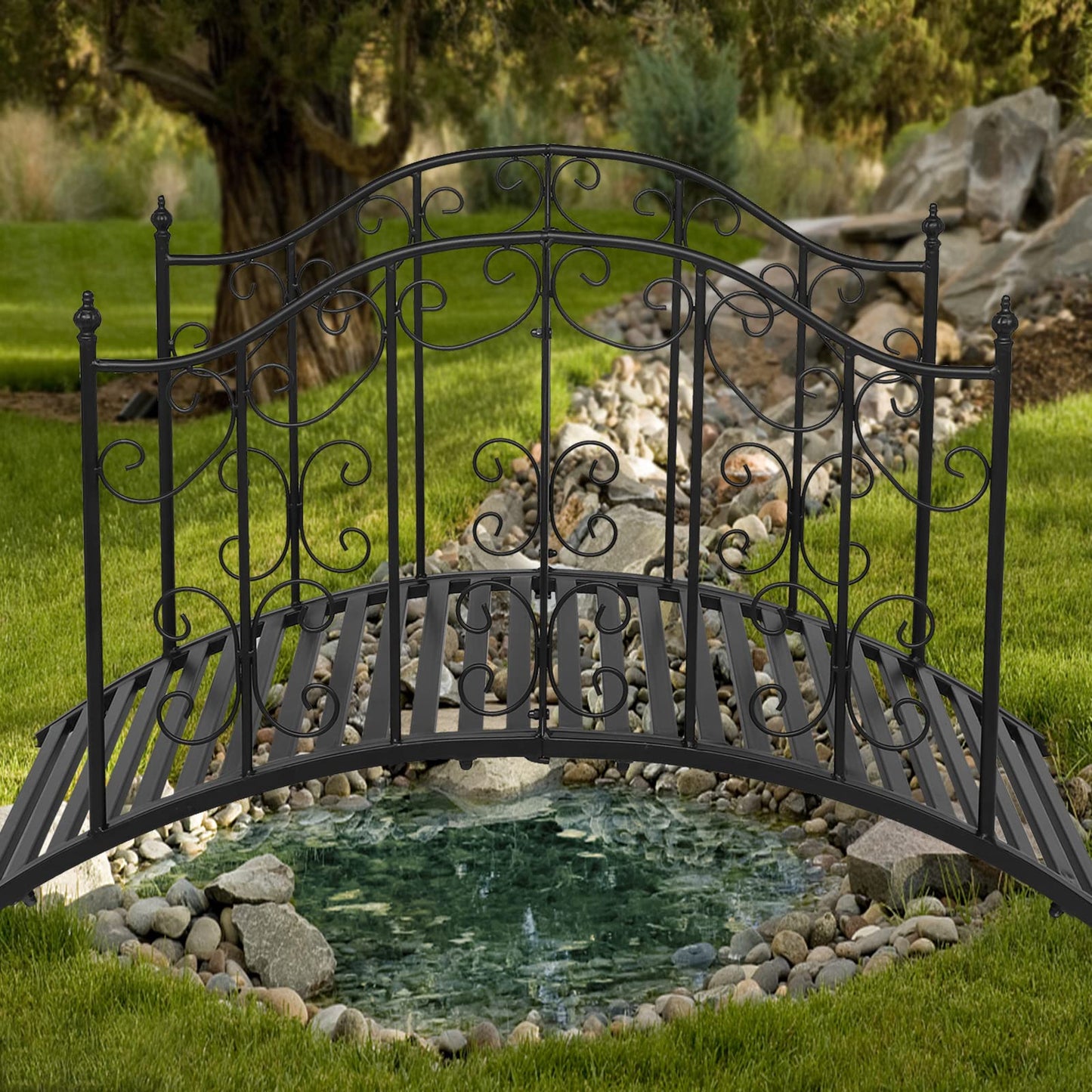 VINGLI Garden Bridge Metal Yard Arch Path Bridge with Patterned Guardrails, Ourdoor Decorative Black Iron Foot Bridge for Pond and Backyard Landscaping-4FT