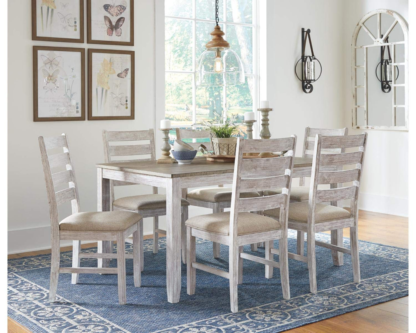 Signature Design by Ashley Skempton Cottage Dining Room Table Set with 6 Upholstered Chairs, Whitewash