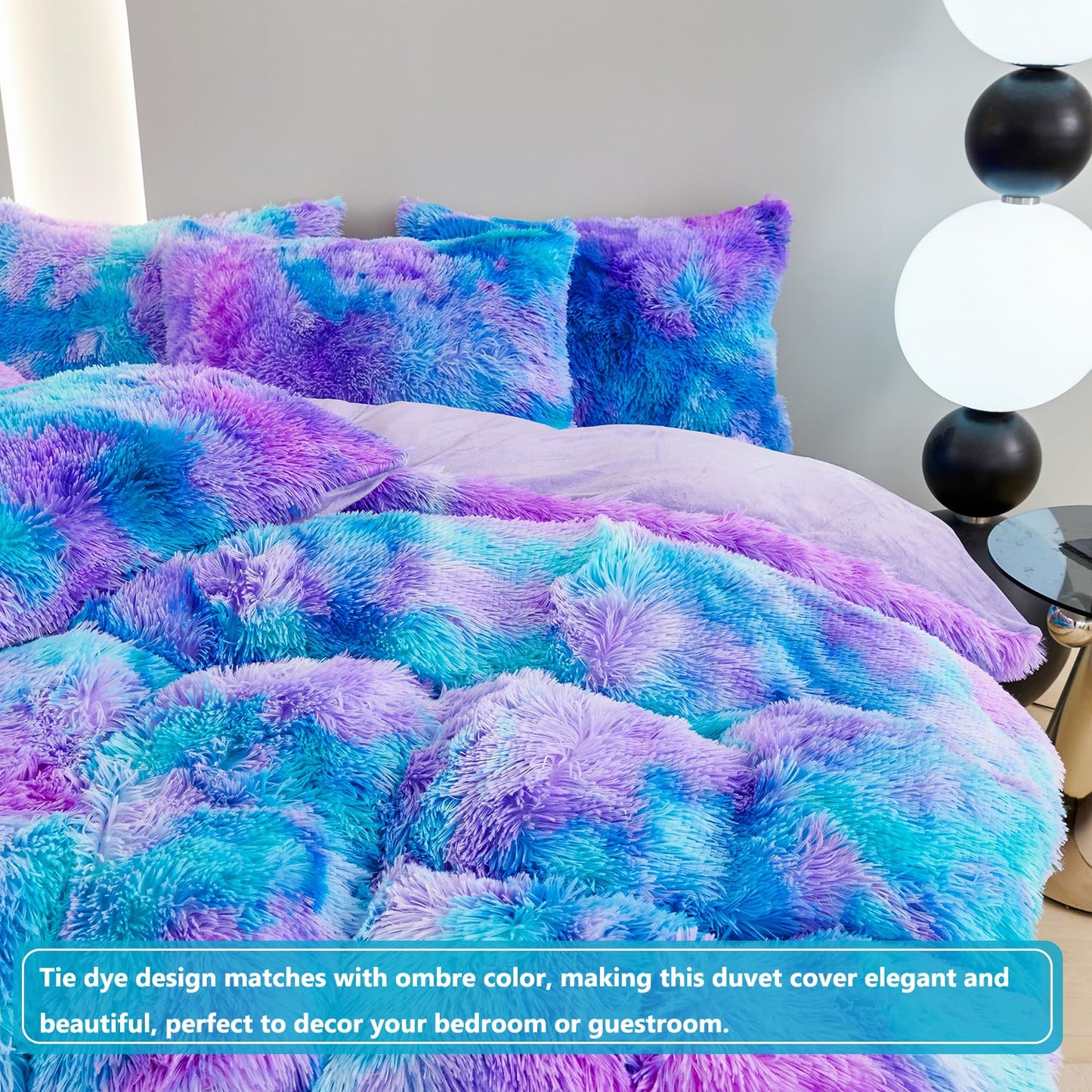 SUCSES Blue Purple Fluffy Twin Bedding Sets for Girls 3Pcs Faux Fur Plush Shaggy Kids Duvet Cover Set Twin Size Tie Dye Velvet Furry Comforter Cover Set (Blue Purple, Twin)