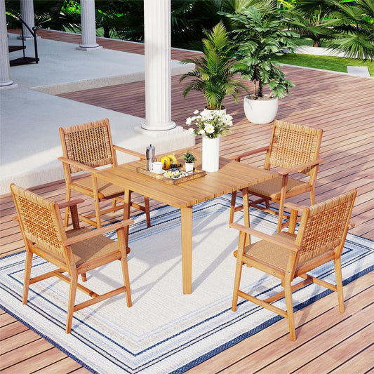 MFSTUDIO 5 Pieces Wood Patio Dining Set, Outdoor Patio Table Chairs Set for 4, Square Acacia Wood Patio Table, 4 x Acacia Wood Patio Chairs with Woven Rattan Design for Lawn, Garden, Backyard