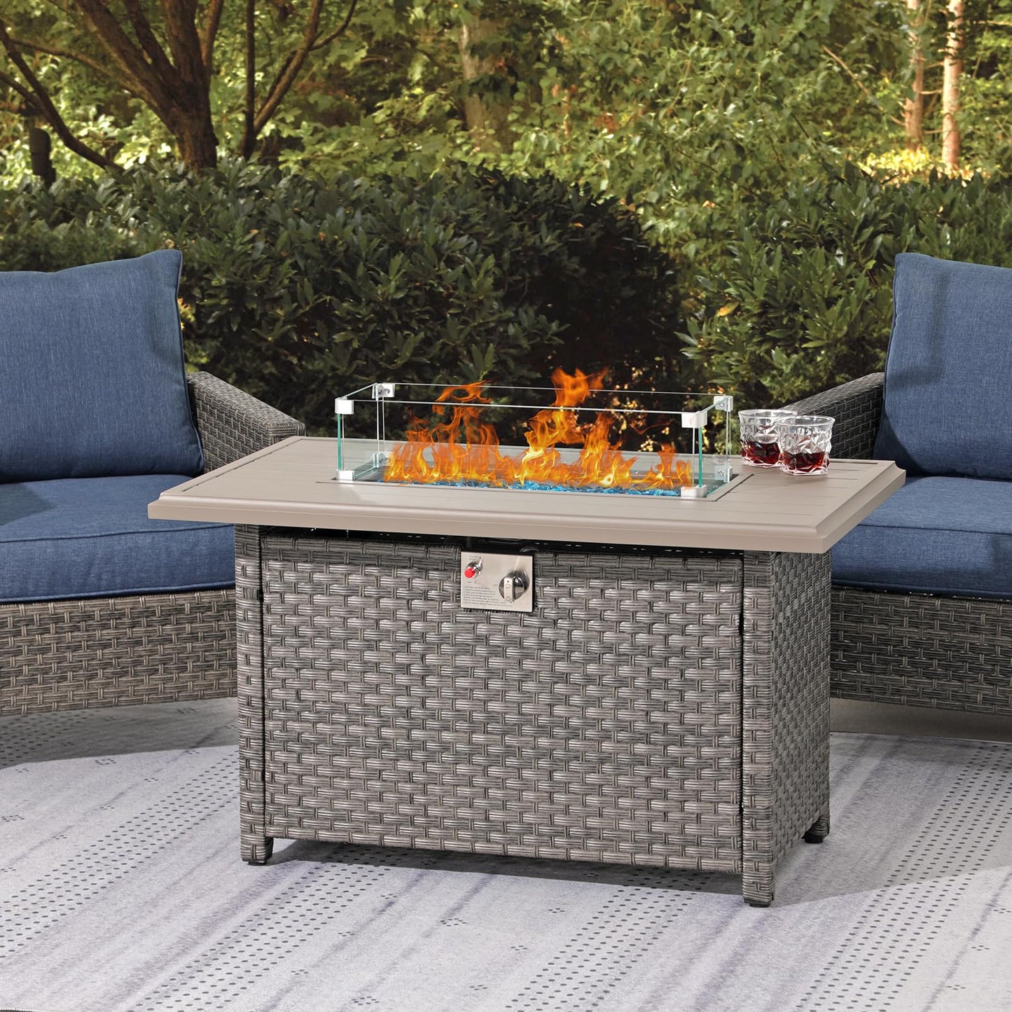 SUNSITT Outdoor Fire Pit Table 43 Inch Wicker Propane Fire Pit with Aluminum Tabletop 50,000 BTU Gas Firepit with Glass Wind Guard, Fire Glass, Lid, Cover, Taupe Rattan