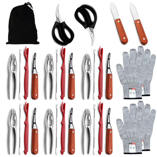 Hunnycook 34P Seafood Tools Set, 6 Crab Leg Crackers, 6 Lobster Shellers, 6 Crab Leg Forks, 6 Shrimp Deveining Tools, 2 Oyster Shucking Knives,4 Gloves, 2 Seafood Scissors, 1 Storage Bag & Gift Box