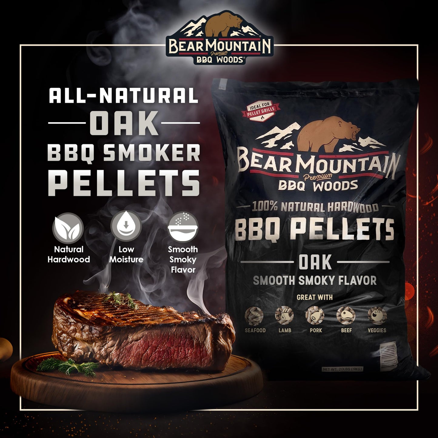 Bear Mountain BBQ Premium All Natural Earthy and Bold Oak Wood Smoker Pellets for Smoker Grill, Outdoor Gas, Charcoal, and Electric Grill, Black