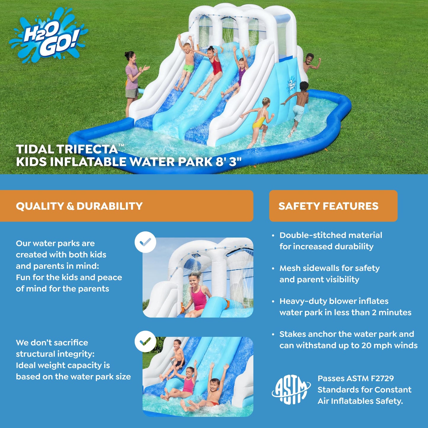 Bestway H2OGO! Waterfall Waves Mega Water Park | Inflatable Slide and Pool Fits Up to 6 Children