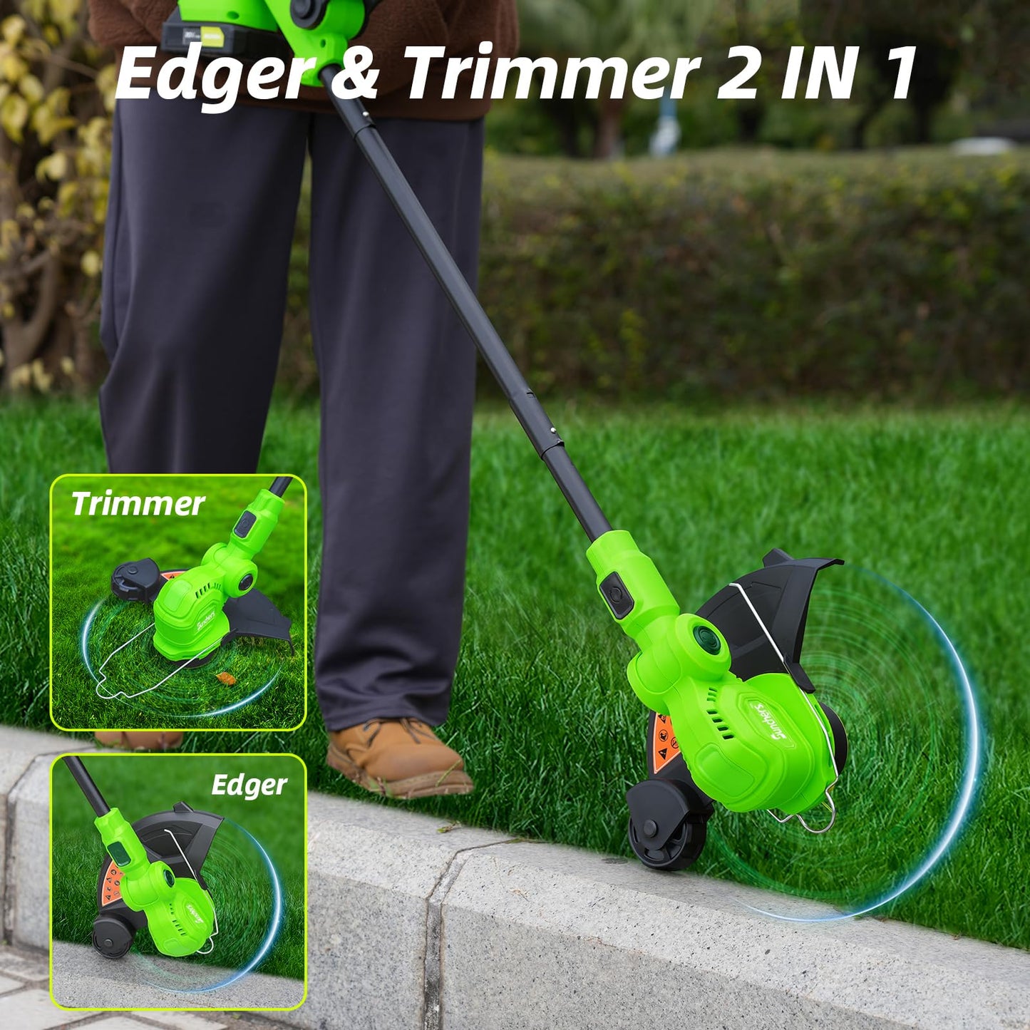 SUNCHERS 12-inch 20V Cordless String Trimmer with Charger, 2 X 2.0Ah Battery Powered Grass Mover with Auto Line Feed, 2 in 1 Lawn Edger with 8 Pcs Grass Cutter Spool Line and 2 Spool Cap, Green