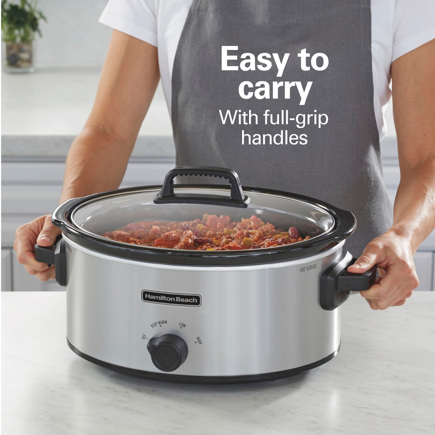 Hamilton Beach 6-Quart Slow Cooker with 3 Cooking Settings, Dishwasher-Safe Stoneware Crock & Glass Lid, Silver (33665G)