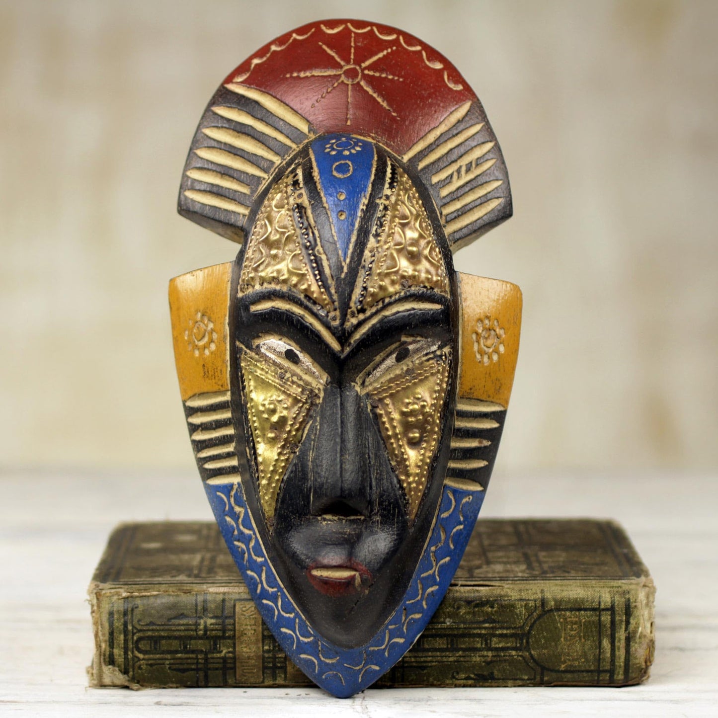 NOVICA Artisan Handmade African Wood Mask Sese Wall with Brass Accents Multicolor Brasswood 'Opeyemi'