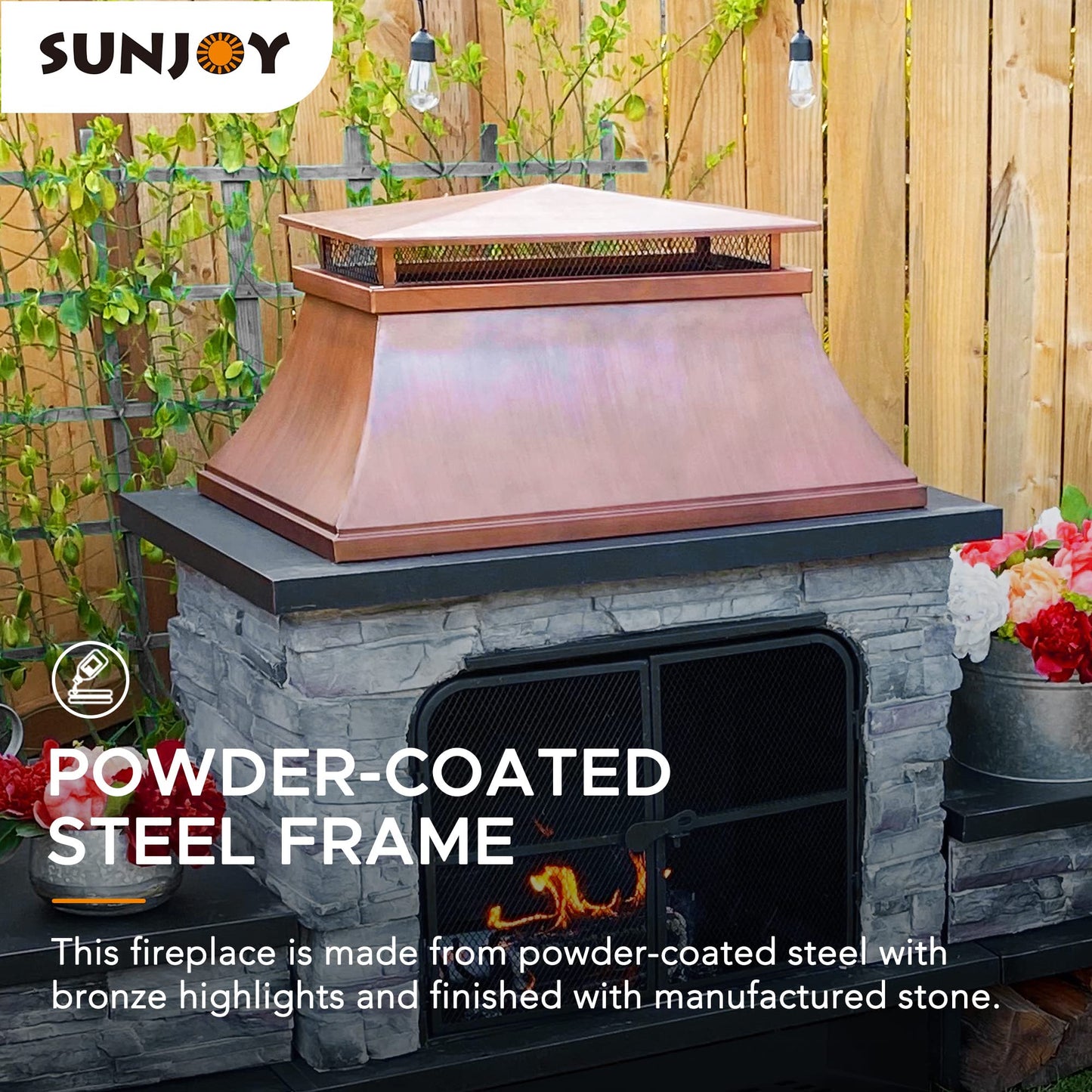 Sunjoy Outdoor Fireplace, Patio Wood Burning Fireplace with Steel Chimney, Mesh Spark Screen Doors, Fire Poker, and Removable Grate, Copper and Black