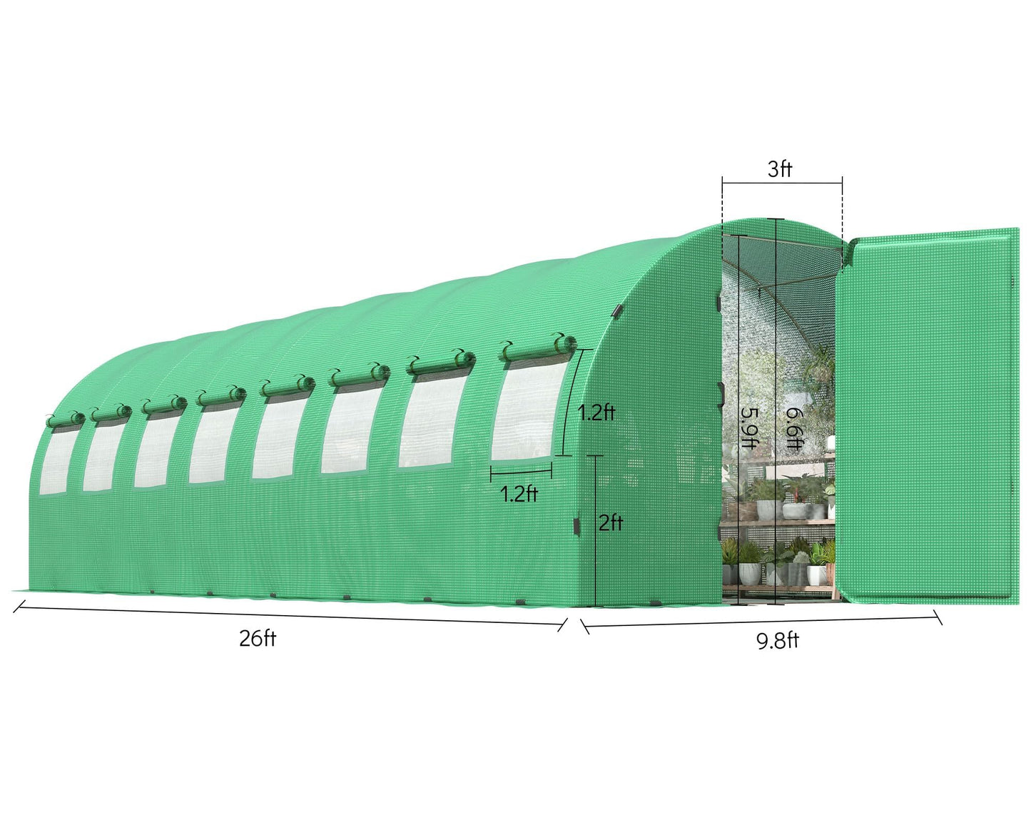 HOWE 26x10x7 ft Large Walk-in Greenhouse for Outdoors with Watering System Upgraded Swing Doors Tunnel Greenhouse kit, Heavy Duty Galvanized Steel Frame, 16 Windows, Ground Pegs & Film Clips, Green