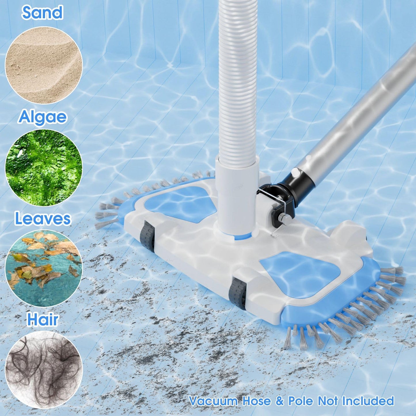 (2024 New Version) Pool Vacuum Head with Direction-Control Swivel Handle, Stable-Maintain Spring, Vinyl Pool Vac with Wheels, Side Brush for Inground & Above Ground Pools