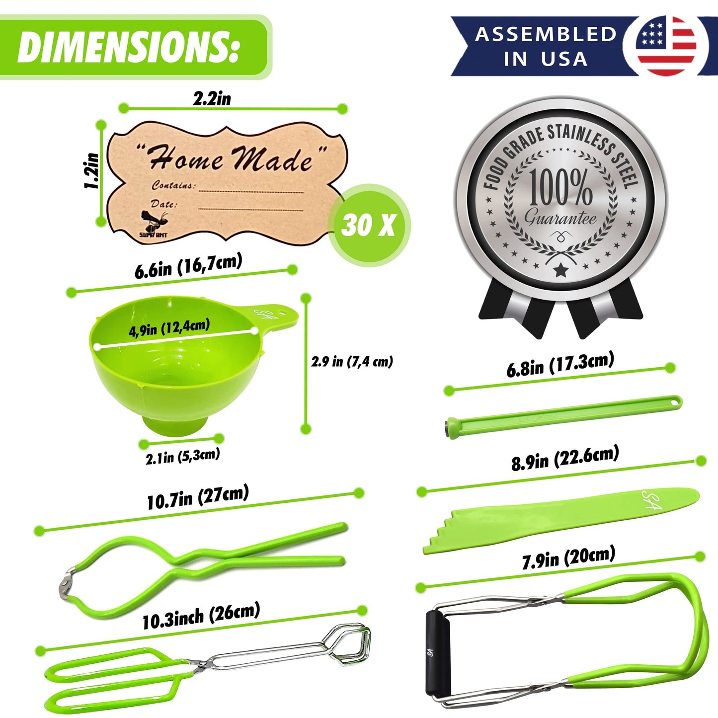 Supa Ant Canning Supplies - USA Assembled & Certified Food Grade Stainless Steel Canning tools - Canning set/pickling kit for beginners - Canning kit includes extra wide mouth funnel for mason jars