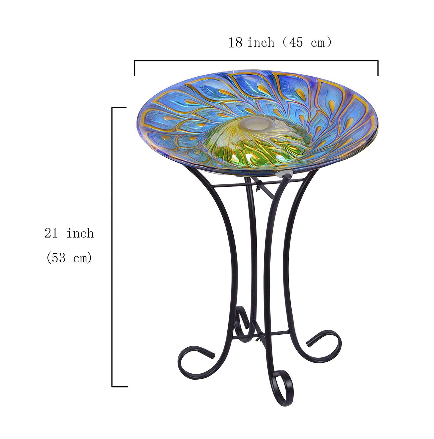 Hi-Line Gift 78415-E Solar Glass Peacock Feathers Bird Bath with Stand,Blue/Gold