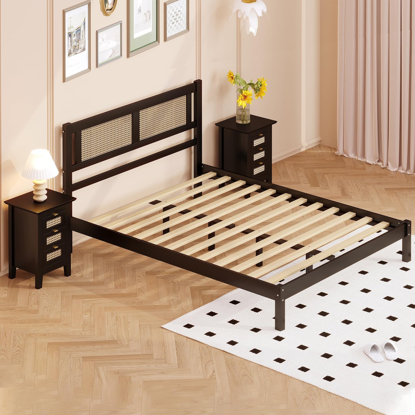 Merax 3-Pieces Bedroom Sets, Full Size Bohemian Platform Bed Frame with Wooden Natural Headboard and 2 Modern Rattan Nightstands & Three Storage Drawers, Black