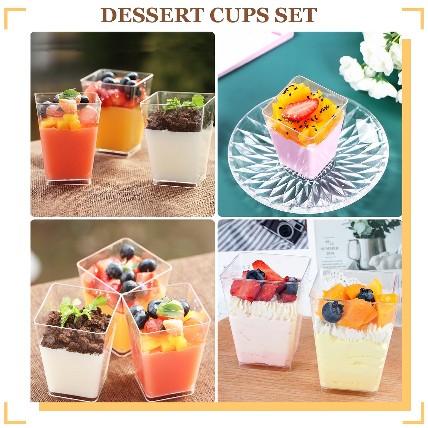 mwellewm 300 Packs Dessert Cups with Spoons, 5 OZ Mini Clear Plastic Dessert Parfait Cup for Party, Square Dessert Shot Glasse Round Goblet Small Reusable Fruit Ice Cream Pudding Appetizer Cup Bowls