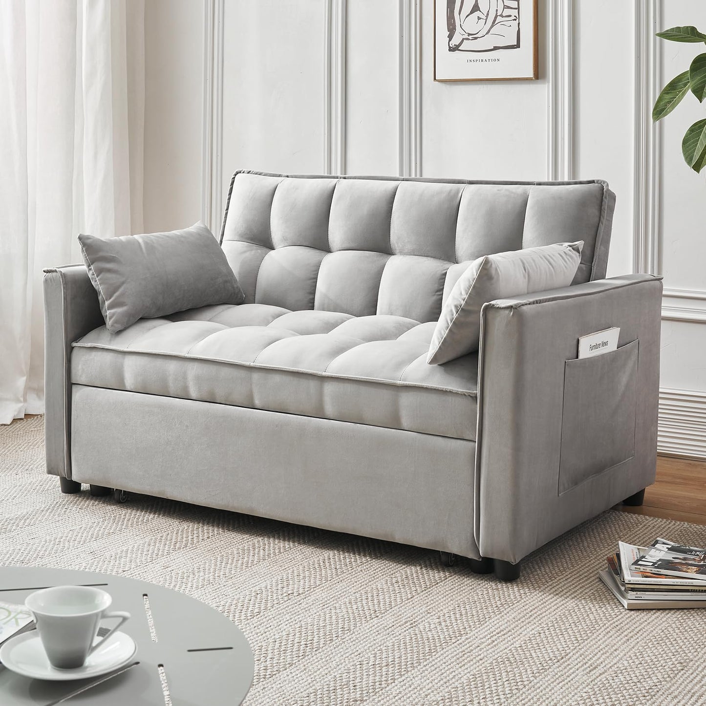 FENFSHE Convertible Sleeper Sofa Bed, Modern Velvet 3-in-1 Futon Couch Pullout Bed with Adjustable Backrest, Storage Pockets and Toss Pillows for Living Room, Bedroom (Grey)