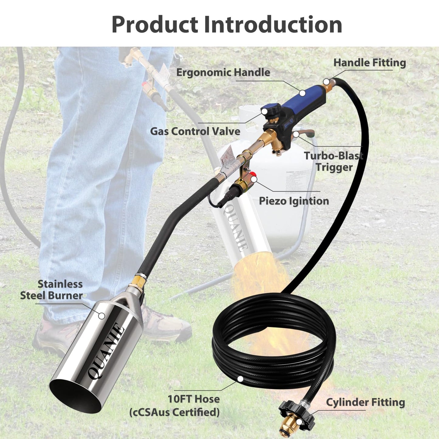 Propane Torch Burner Weed Torch High Output 1,200,000 BTU with 10FT Hose,Heavy Duty Blow Torch with Flame Control and Turbo Trigger Push Button Igniter,Flamethrower for Garden Wood Ice Snow Road (Blue
