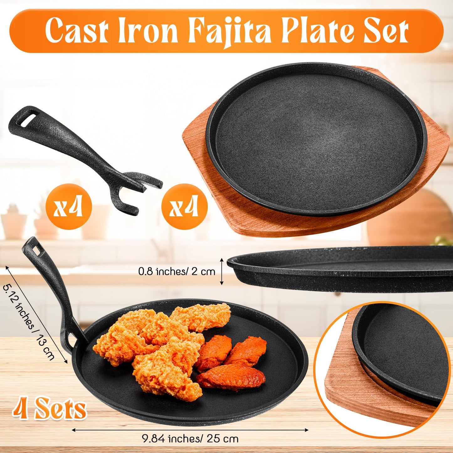 FoldTier Cast Iron Fajita Plate Set 9.84'' Steak Plate Sizzling Pan with Wooden Base and Gripper for Home Restaurant Kitchen Catering Cooking for Grilling Meats Seafood(4 Sets)