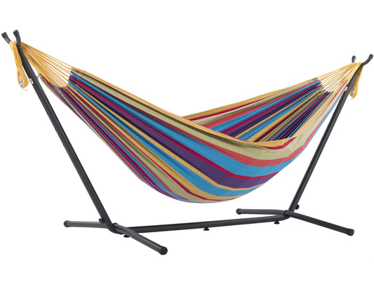 Vivere Double Cotton Hammock with Space Saving Steel Stand, Tropical (450 lb Capacity - Premium Carry Bag Included)