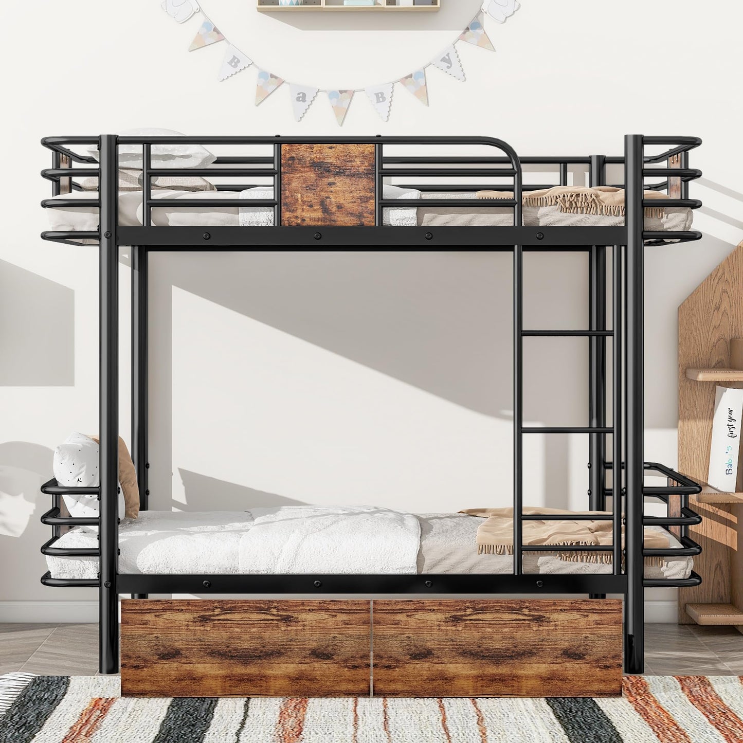 LUKEEHOM Metal Bunk Bed Twin XL Over Twin XL Twin Bunk Beds Twin Size Bed with 2 Storage Drawers and MDF Board Guardrail, No Box Spring Needed, Black