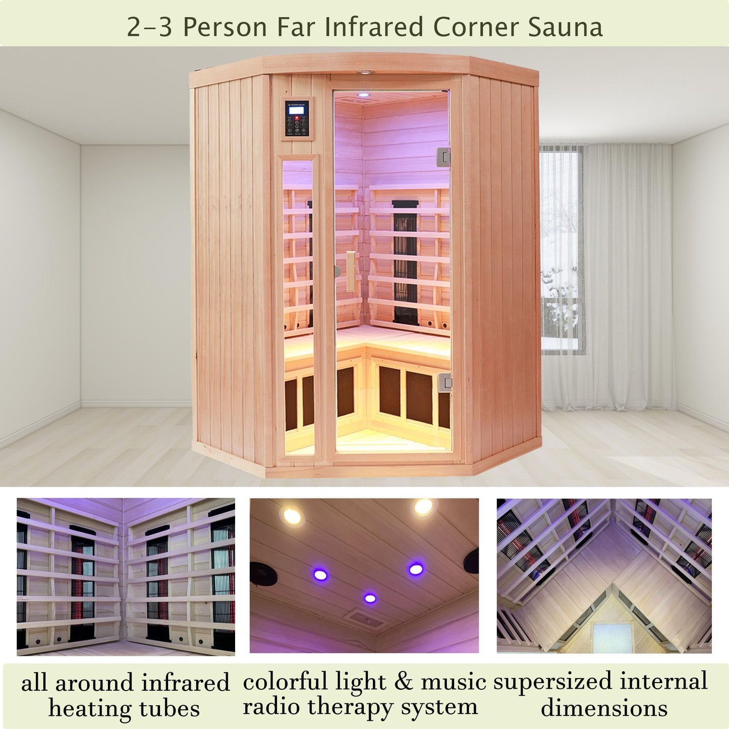 KUNSANA Ceramic Infrared Sauna 2-3 Person Infrared Saunas for Home Low EMF Indoor Home Sauna Spa Hemlock Wooden Corner Sauna Room with Bluetooth Speakers, LED Reading Lamps, Chromotherapy Lights