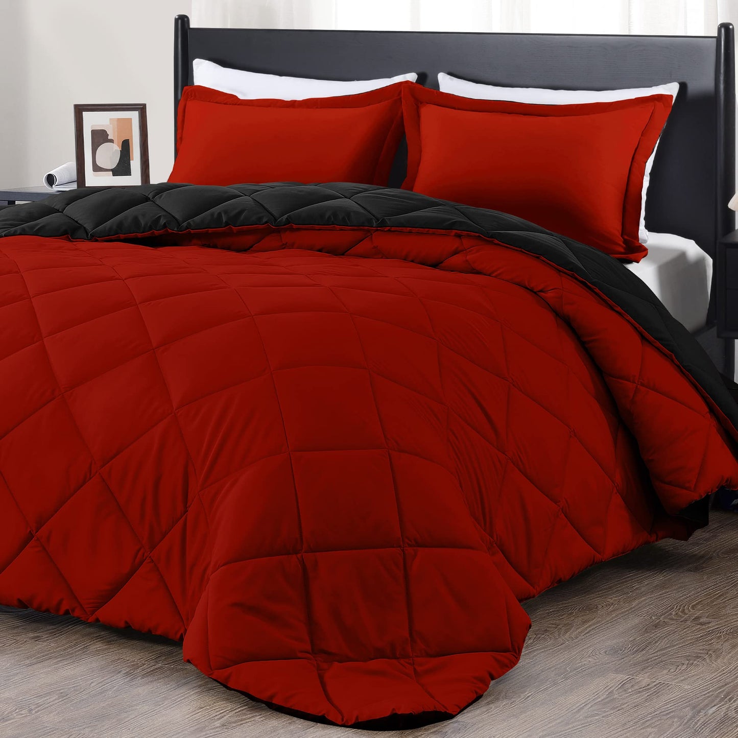 downluxe King Size Comforter Set - Red and Black King Comforter, Soft Bedding Sets for All Seasons - 3 Pieces - 1 Comforter (104"x92") and 2 Pillow Shams(20"x36")