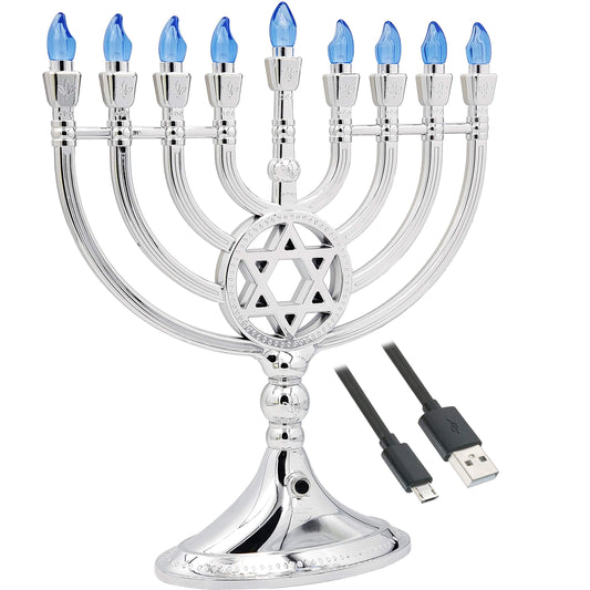 The Dreidel Company Traditional LED Electric Silver Hanukkah Menorah - Battery or USB Powered - Includes a Micro USB 4' Charging Cable