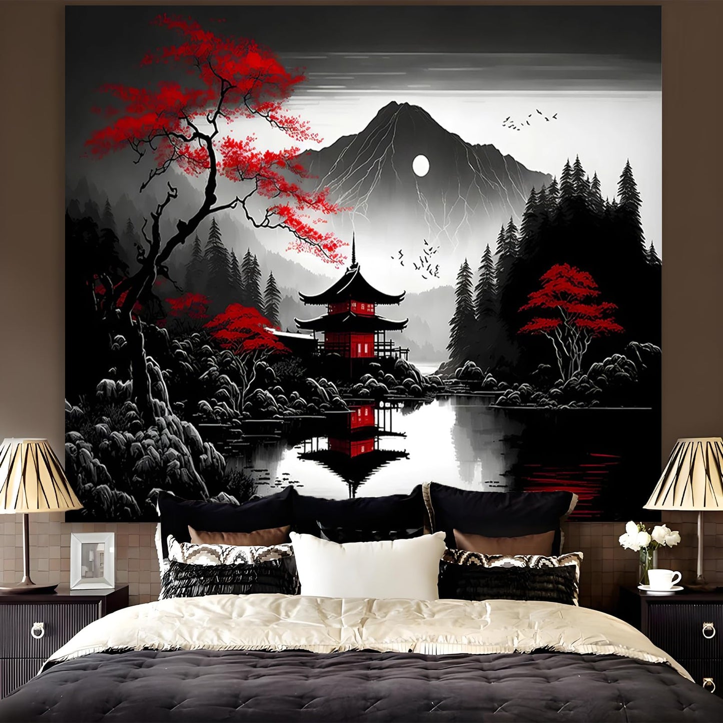 Mountain Forest Tapestry for Bedroom, Black and White Nature Moon Landscape Wall Hanging, Tree Sunset Dark Large Tapestries Aesthetic Art Decor for Living Room College Dorm Home (51x60 Inches)