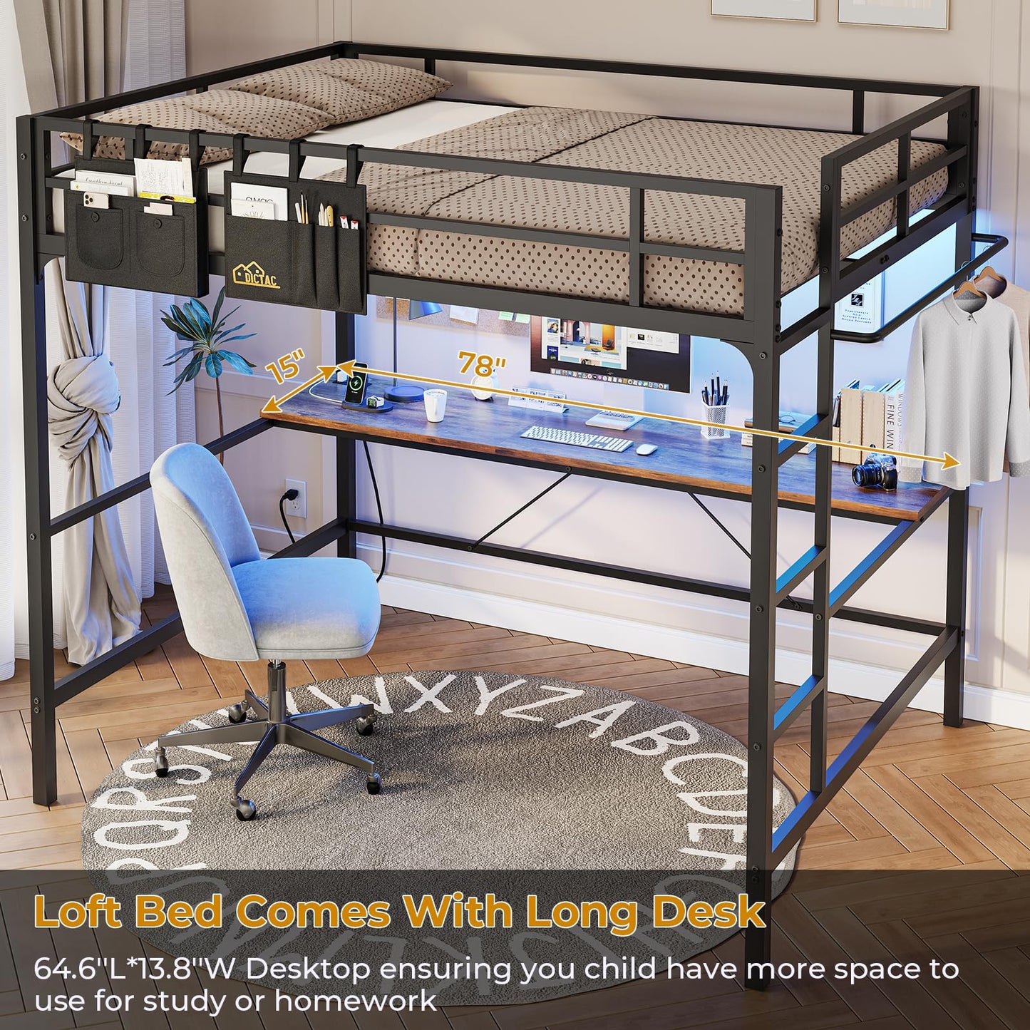 DICTAC Loft Bed Full Size with Desk and Led Lights Full Metal Loft Bed with Charging Station Full Size Metal Bed Frame with Safety Guard & Ladder, Space-Saving,No Noise,No Box Spring Needed, Black