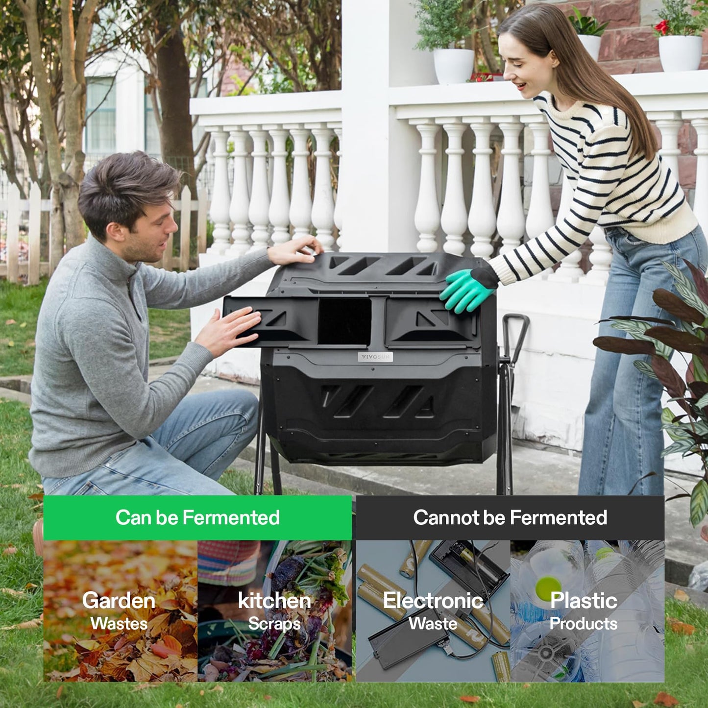 VIVOSUN Outdoor Tumbling Composter Dual Rotating Batch Compost Bin, 43 Gallon Black Door