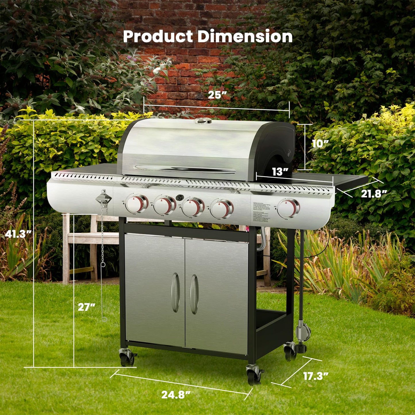 4-Burner Gas BBQ Grill with Side Burner, Porcelain-Enameled Cast Iron Grates, Baking Pan, 42,000 BTU Stainless Steel Propane Grill for Outdoor Cooking and Patio Barbecues