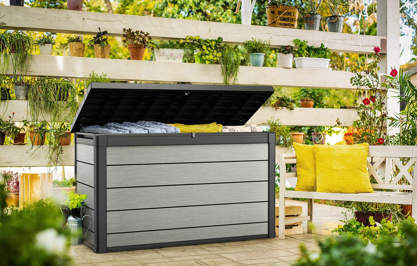 Keter Denali 200 Gallon Resin Large Deck Box with Double Wall 20mm Panels - Paintable and Drillable-Organization and Storage for Patio Furniture and Outdoor Items, Grey & Black