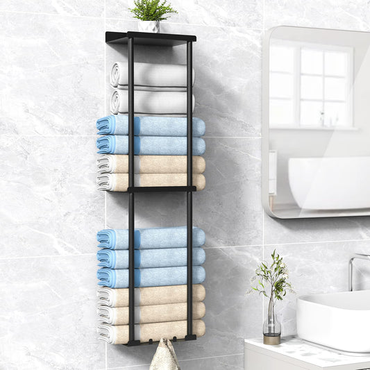 Liuoud Towel Rack for Bathroom, Wall Mounted Bath Towel Holder Storage Organizer for Rolled Towels, Vertical Towel Rack with Shelf Can Holds Up 6 Large Bath Towel, Black