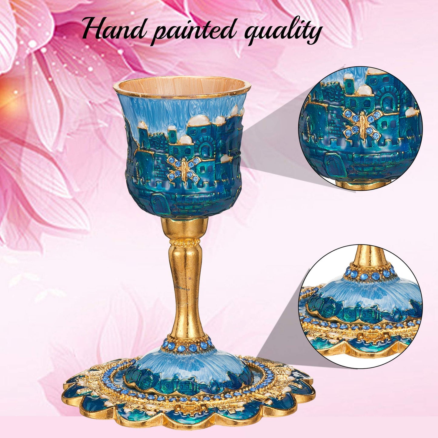 Matashi Hand-Painted Enamel Tall 5" Kiddush Cup Set with Stem and Tray Embellished with Crystals, Jerusalem Cityscape for Weddings Shabbat Havdalah Passover Goblet Judaica Gift