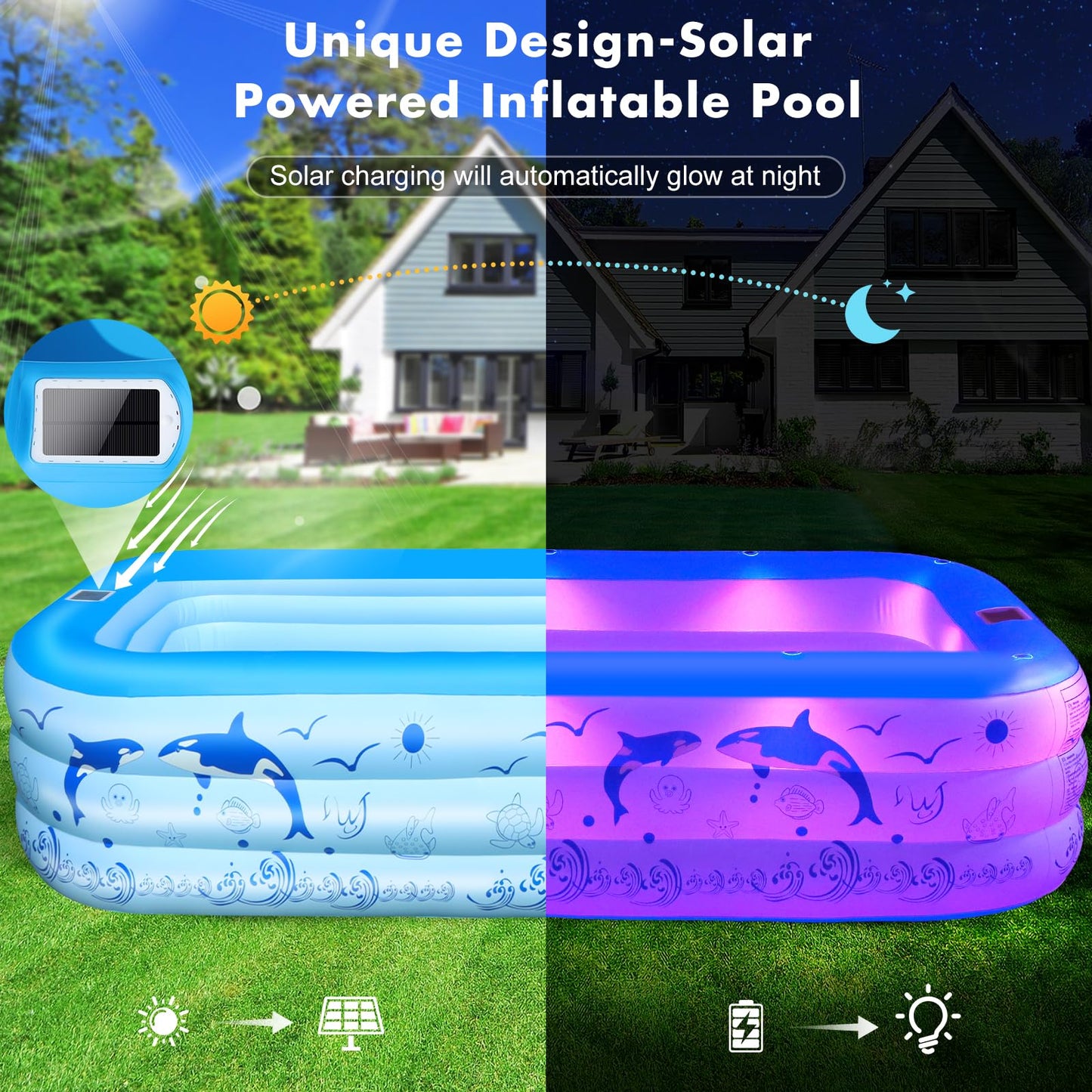 StarOcean Inflatable Pool with Lights,2024 Upgraded Family Inflatable Swimming Pool for Kids,Adults, BlowUp Pool Solar Powered,Large Kiddle Pool,106"x66"x26''Oversized Thickened Pool for Backyard-Blue