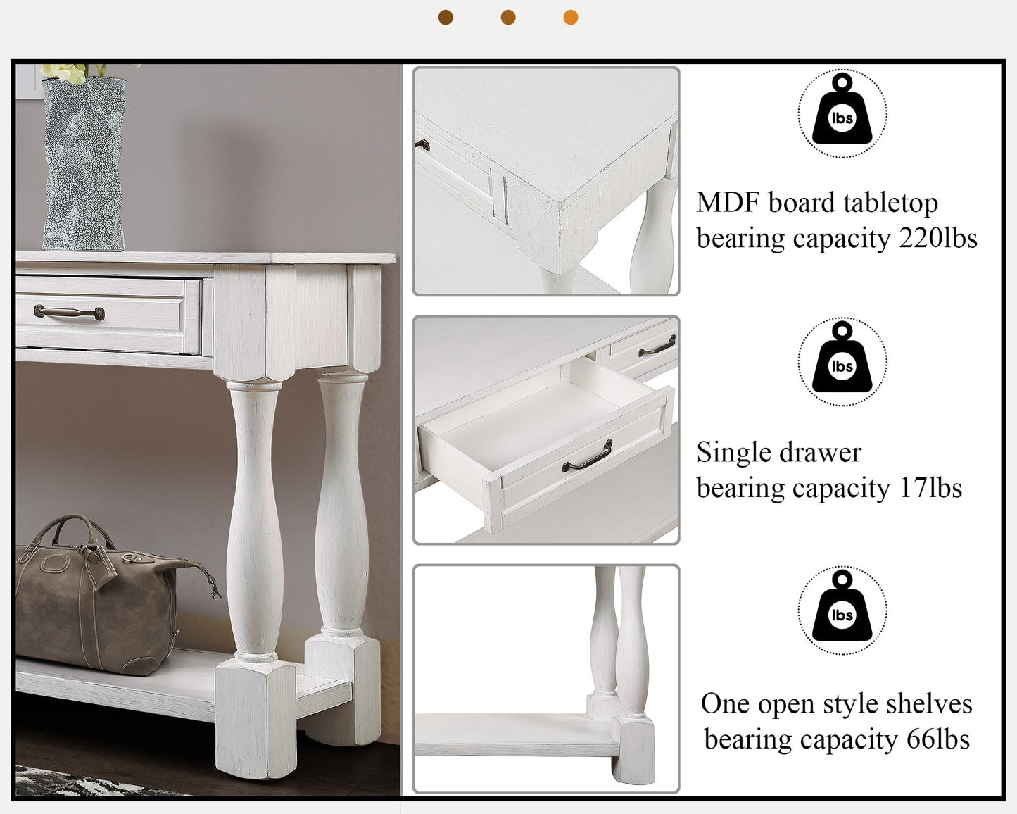 LKTART Solid Wood Console Table Sofa Table Entryway Table with 3 Drawers and 1 Bottom Shelf for Storage Entry Hallway Foyer Sofa (63" Antique White)