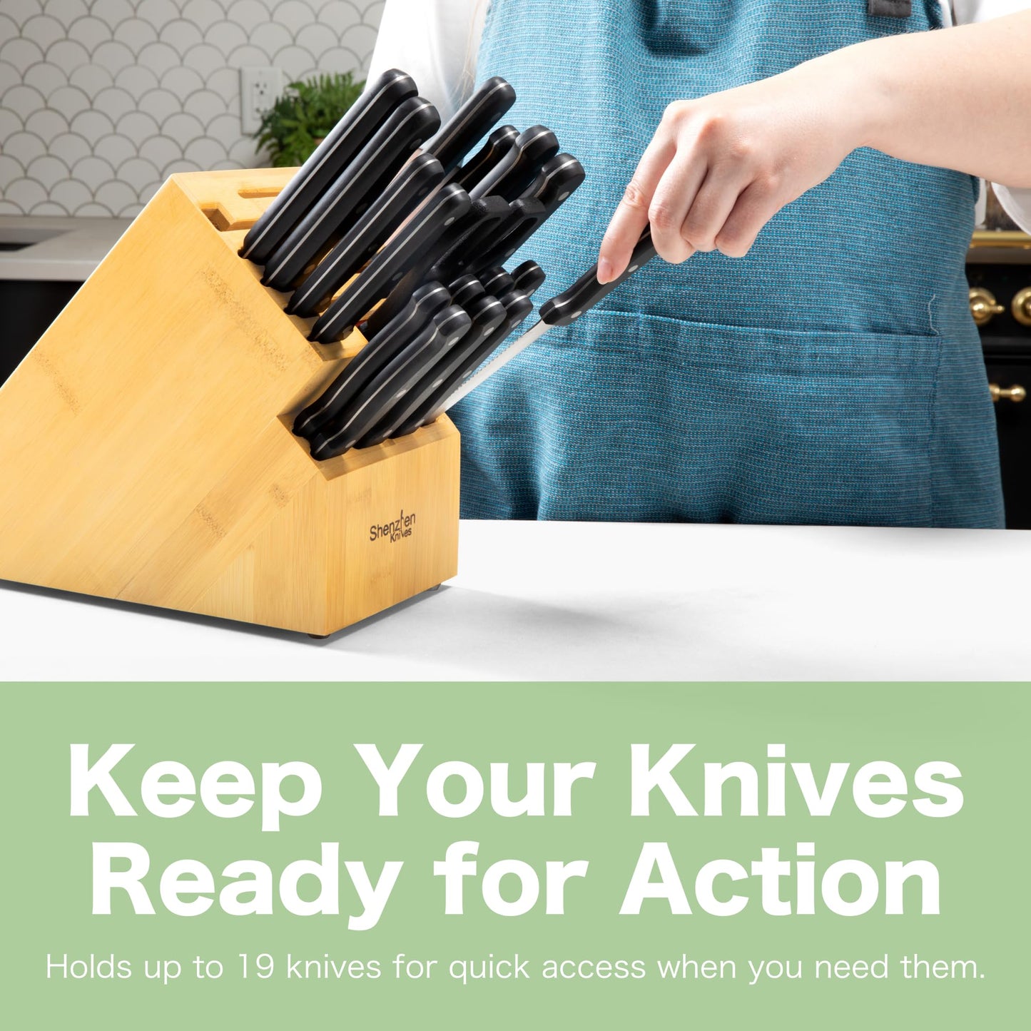 Shenzhen Knives 20 Slot Universal Knife Block: Large Bamboo Finish Wood Knife Block without Knives - Countertop Butcher Block Knife Holder and Organizer with Wide Slots for Easy Kitchen Knife Storage