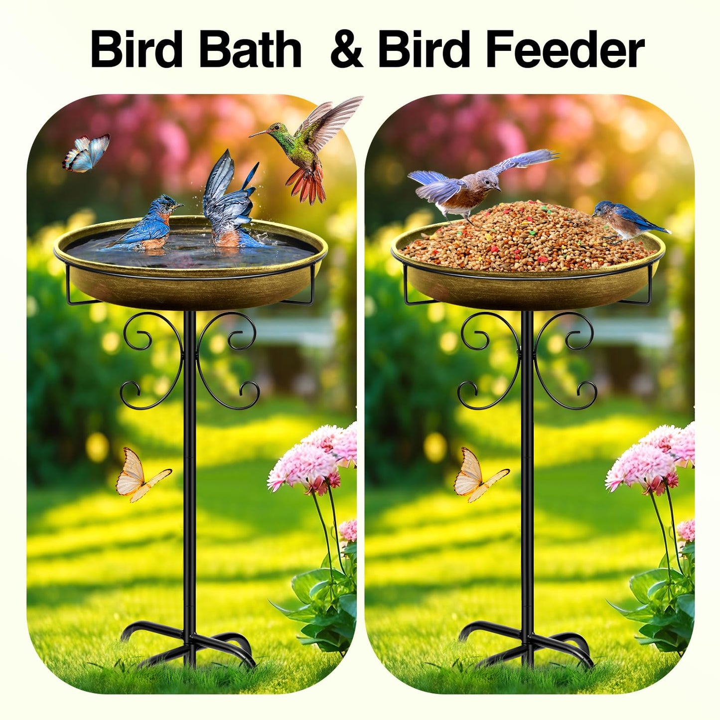 Daoeny 35In Metal Bird Bath for Outside, Vintage Bird Bath Bowl, Detachable Birdbath & Birdfeeder with 5 Prongs Base Stake, Bird Baths for Outdoors Garden Yard Lawn Decor (Antique Golden)